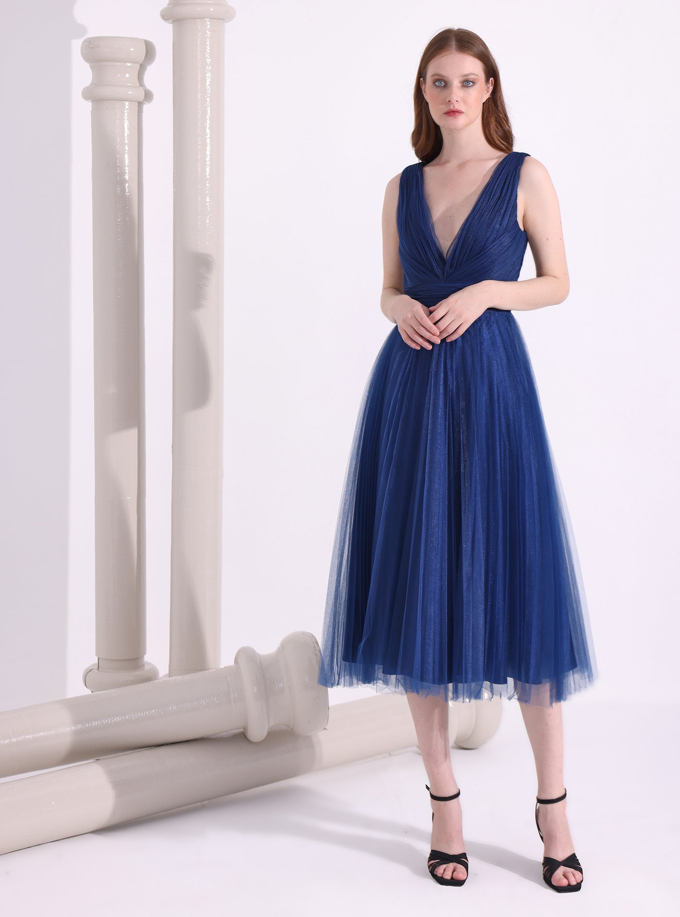 Navy Blue Tulle V-neck Midi Dress