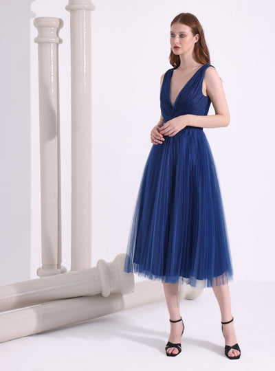 Navy Blue Tulle V-neck Midi Dress