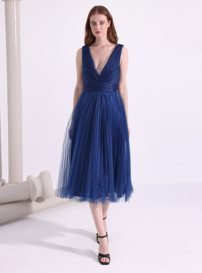 Navy Blue Tulle V-neck Midi Dress