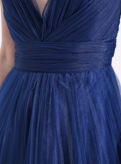 Navy Blue Tulle V-neck Midi Dress