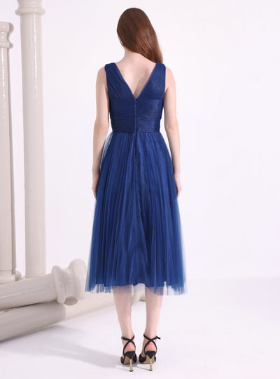 Navy Blue Tulle V-neck Midi Dress