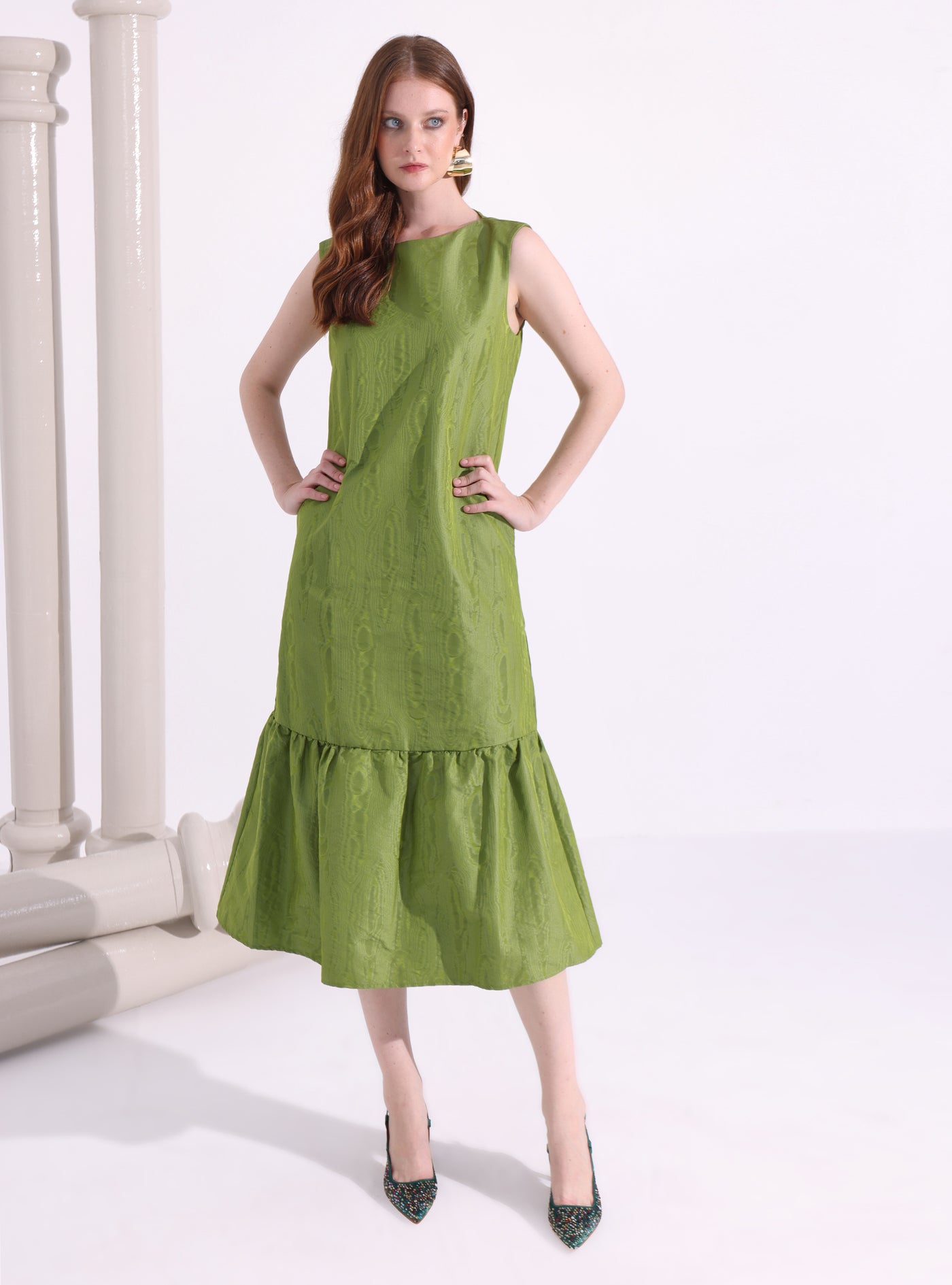 Green Jacquard Midi Dress