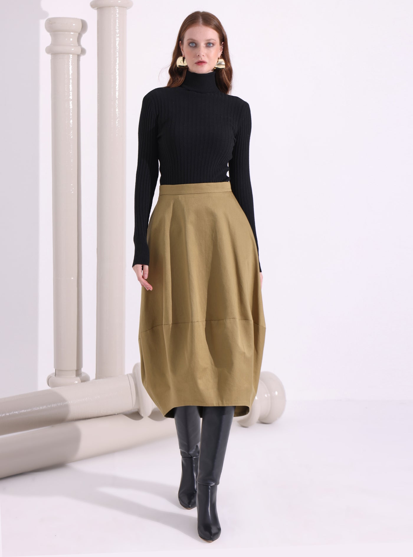 Khaki Cotton Midi Skirt