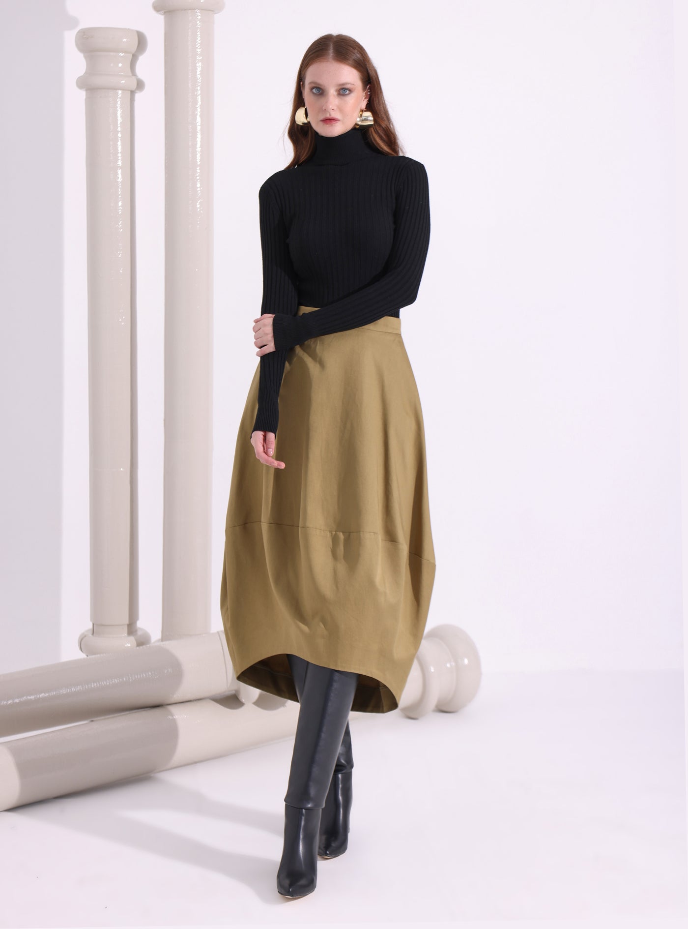 Khaki Cotton Midi Skirt