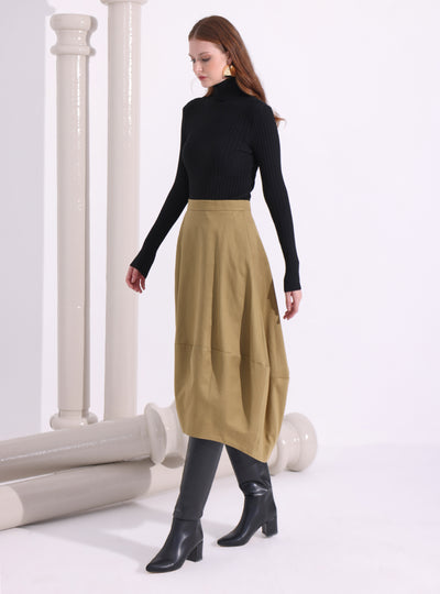 Khaki Cotton Midi Skirt