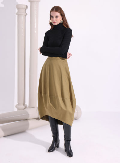 Khaki Cotton Midi Skirt