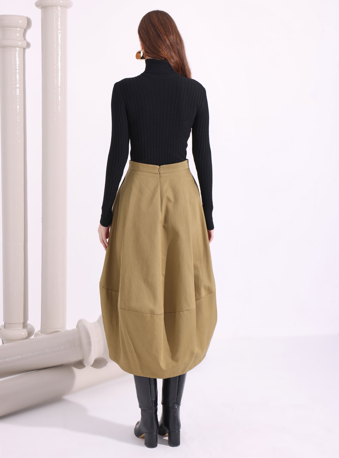 Khaki Cotton Midi Skirt