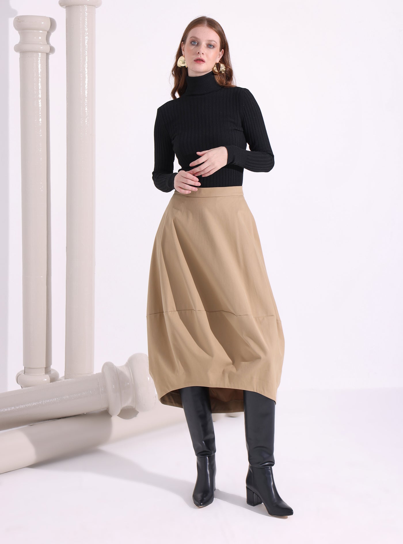 Beige Cotton Midi Skirt