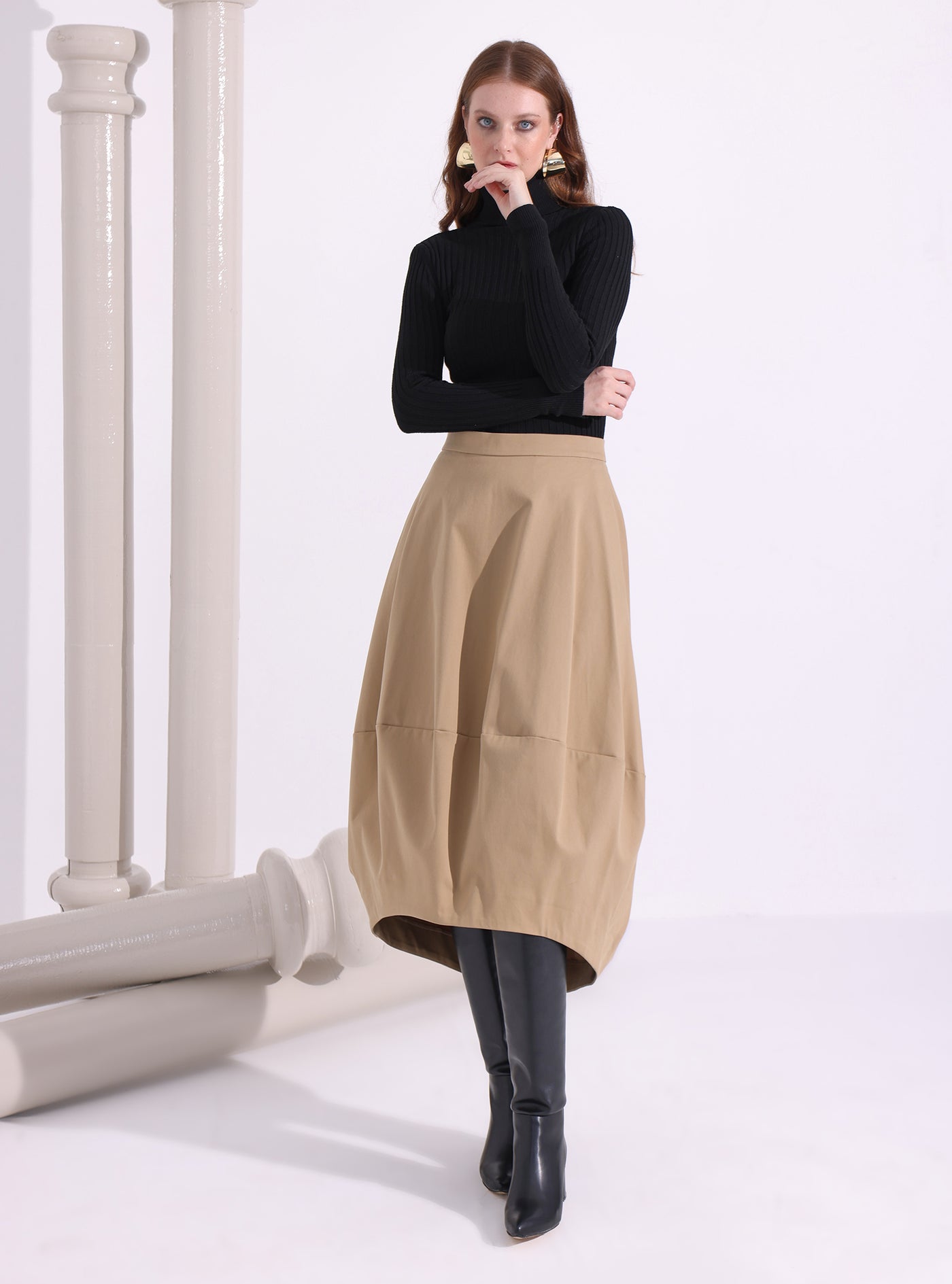 Beige Cotton Midi Skirt