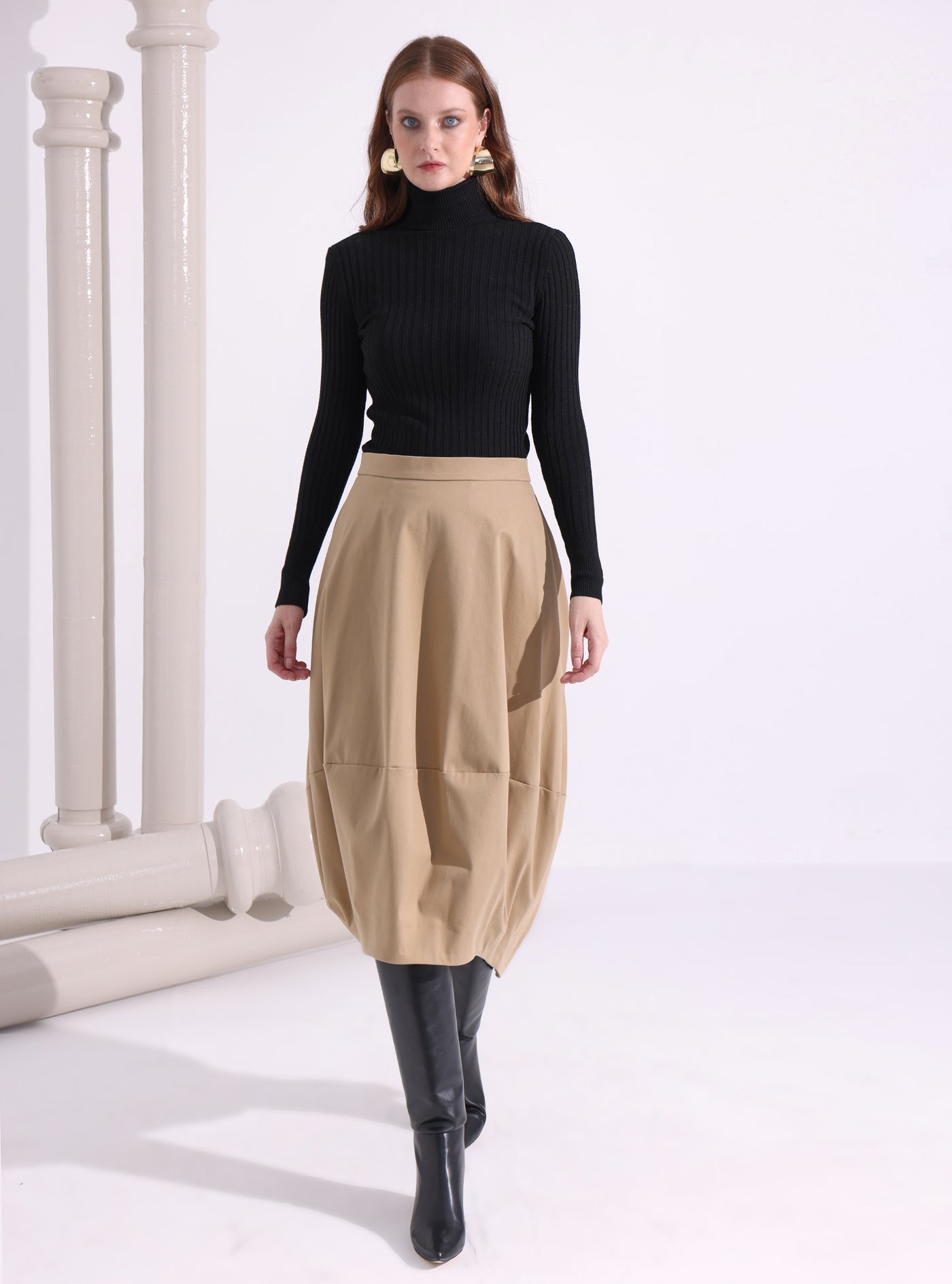 Beige Cotton Midi Skirt