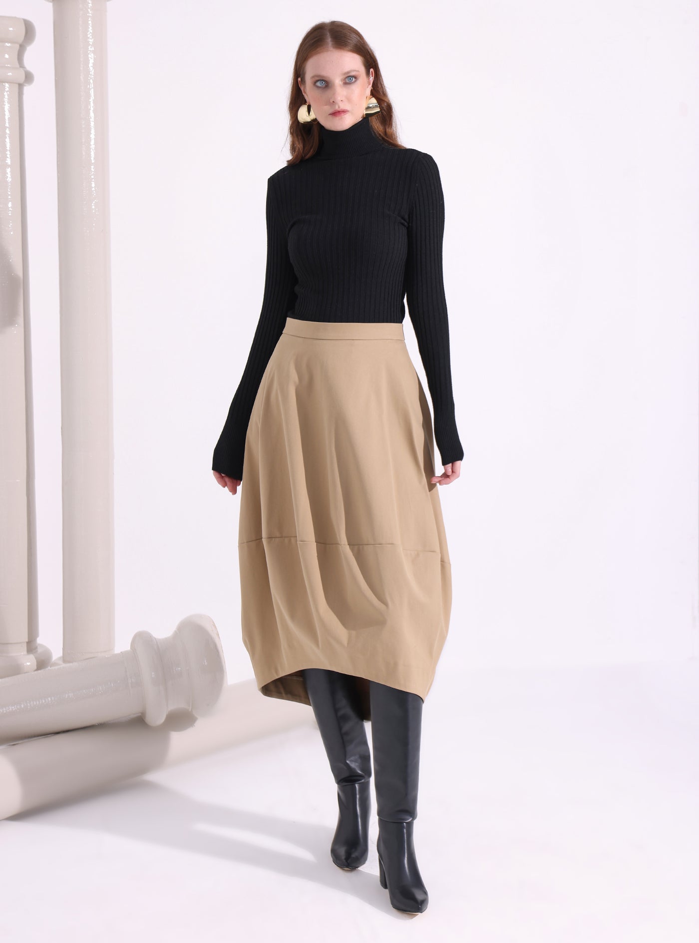 Beige Cotton Midi Skirt