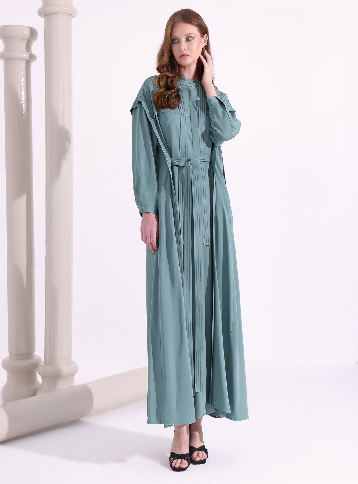 Gray Mint Contrast Top Stitch Maxi Dress