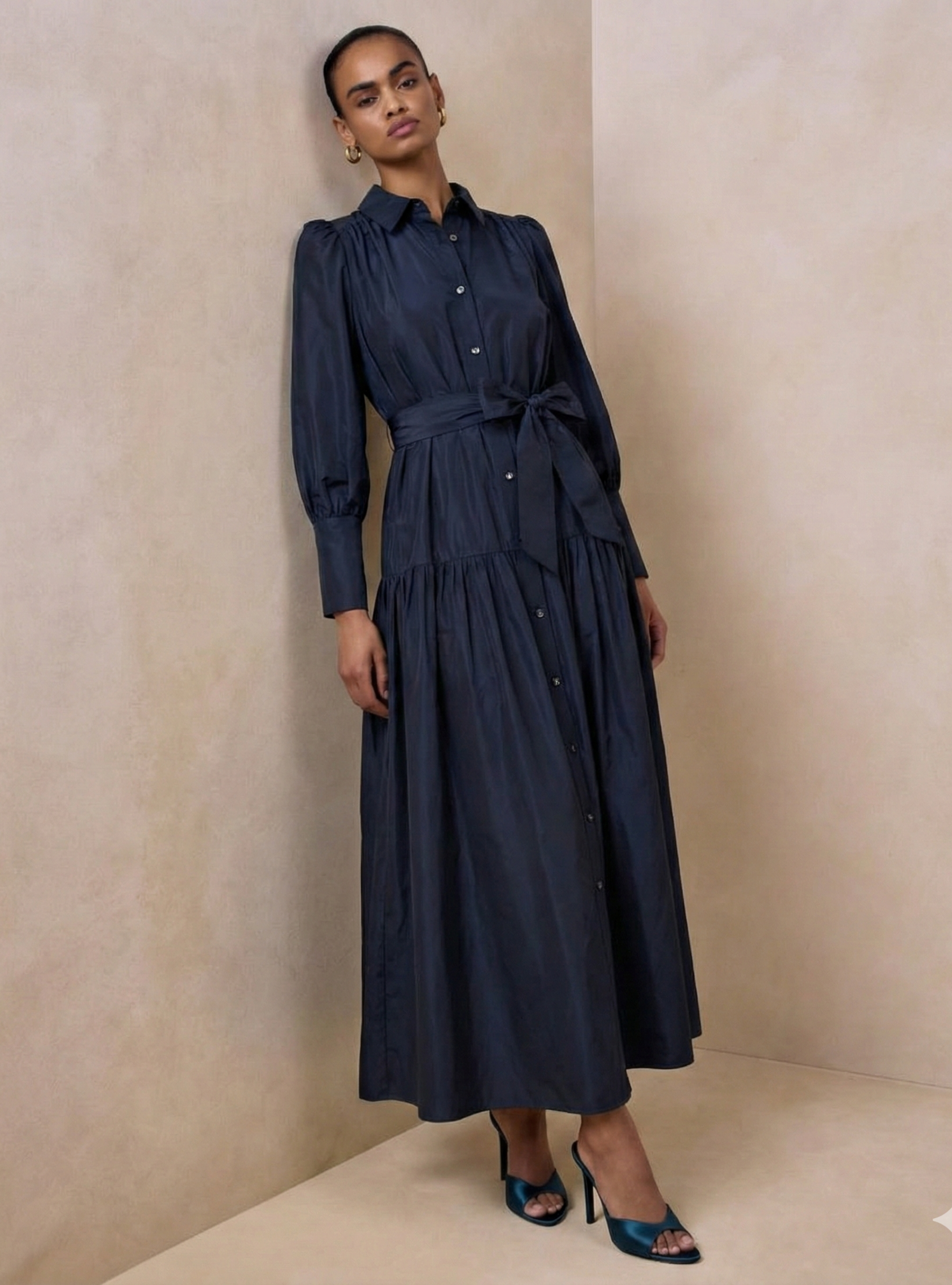 Navy Taffeta Cristal Button Maxi Dress - Store WF