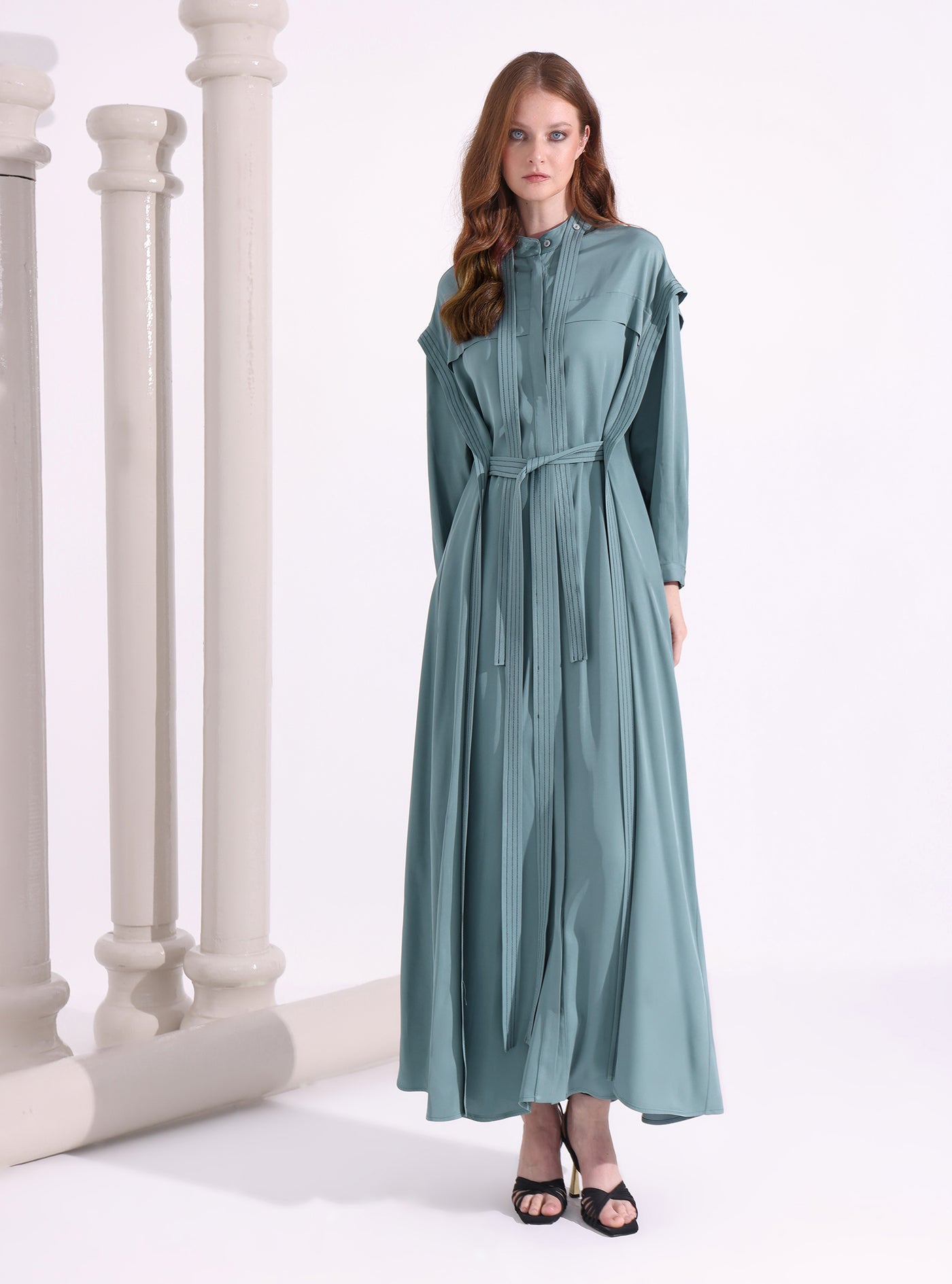 Gray Mint Contrast Top Stitch Maxi Dress