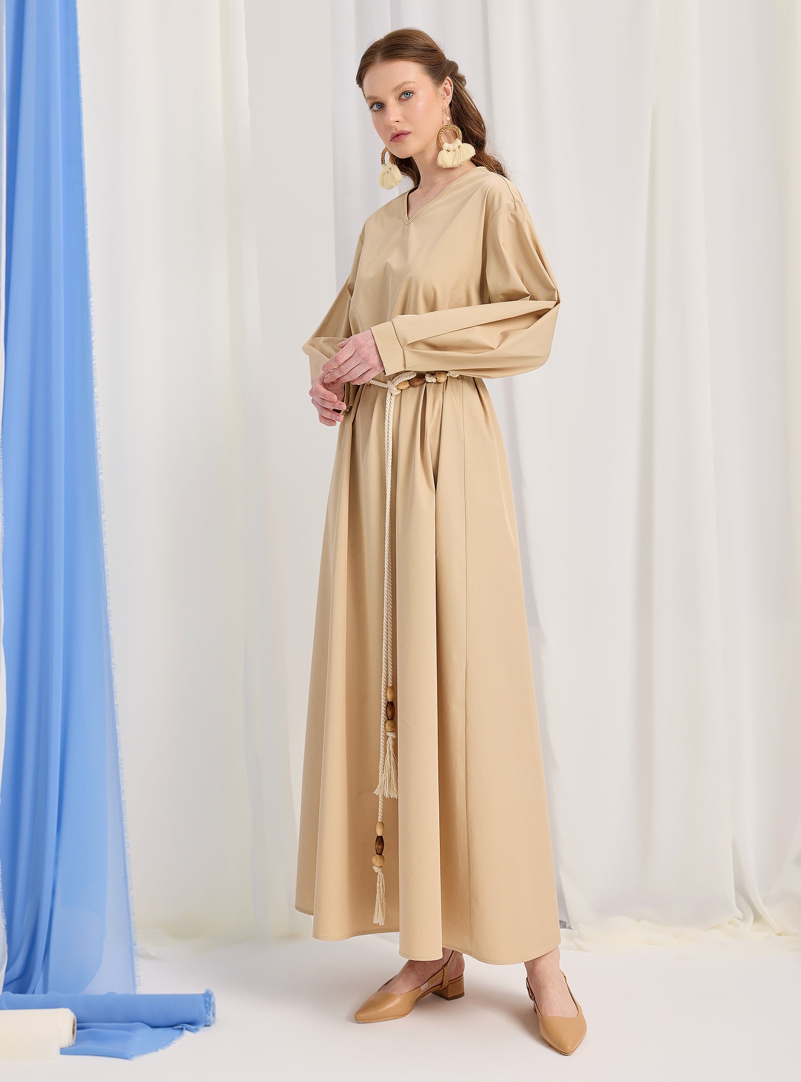 beige dress in store Petal and Pup Women's Cammie Long Sleeve Midi Dress