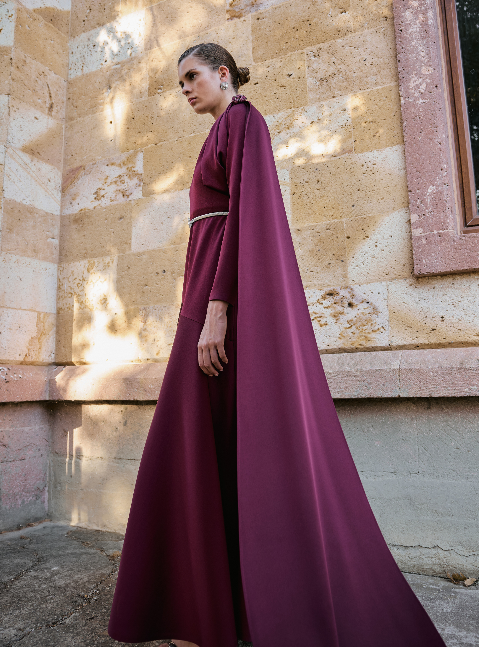 Draped Shoulder Maxi Gown – Burgundy