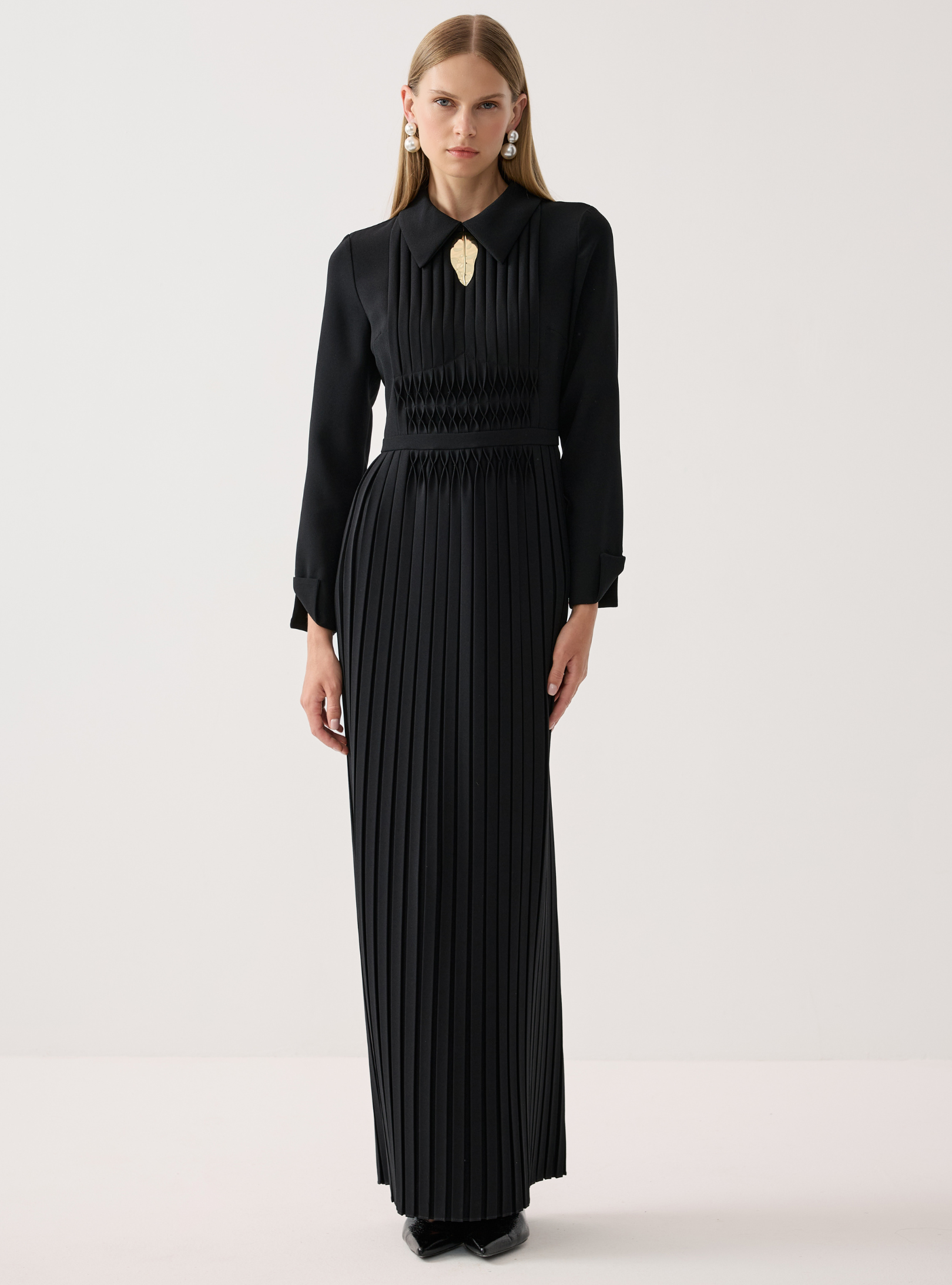 Black Smocked & Pleated Maxi Dress - Store WF