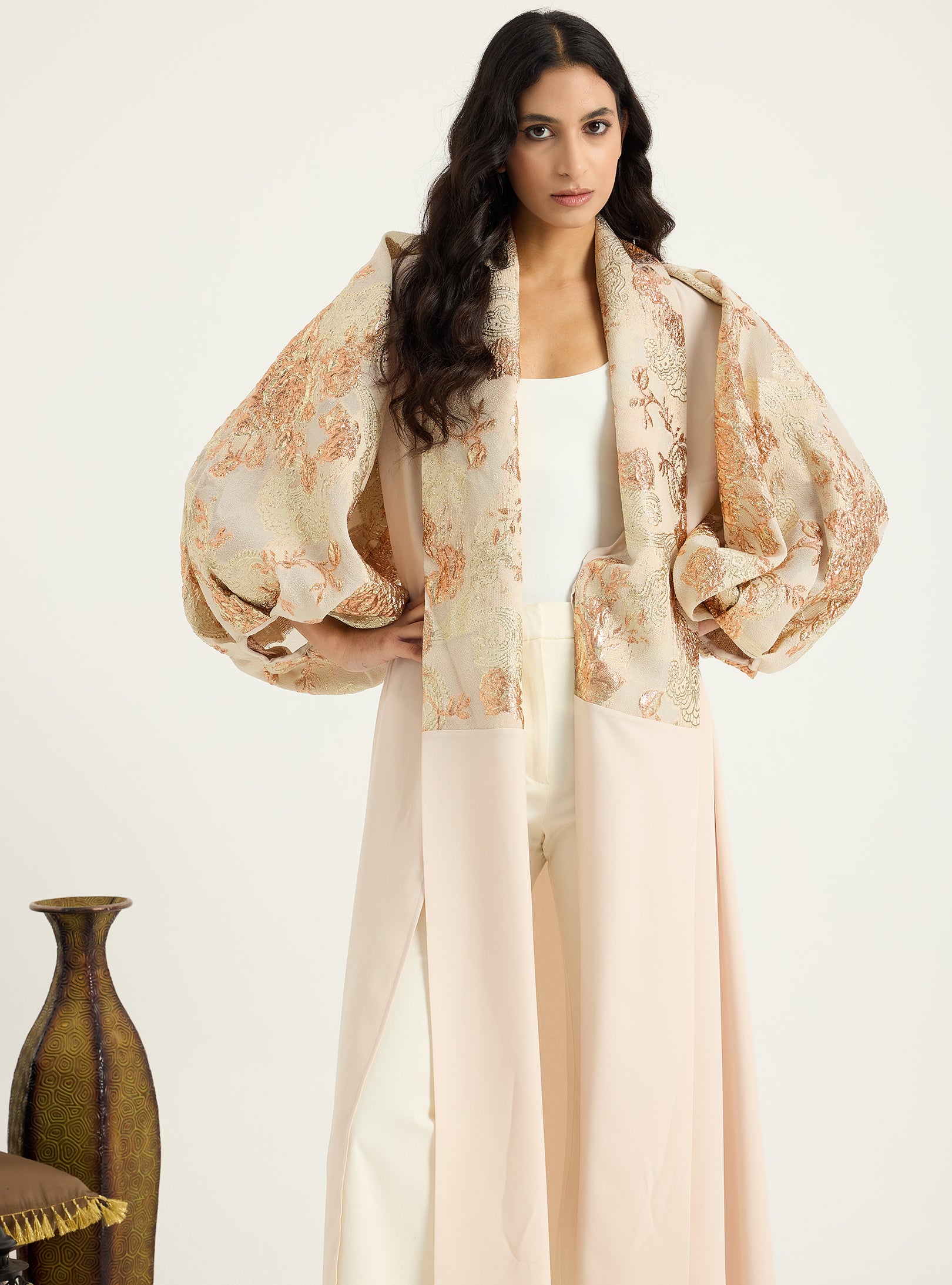 Rose Gold Flower jacquard Abaya Kaftan - Store WF