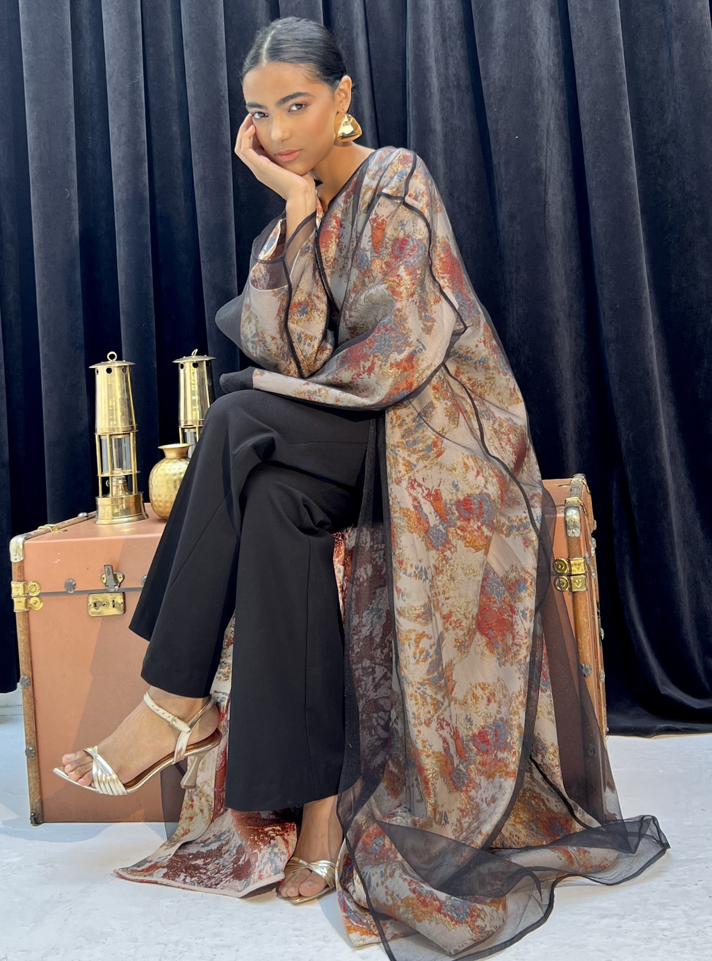 Two-Piece Double Layer Orange jaquarde Organze Abaya - Store WF