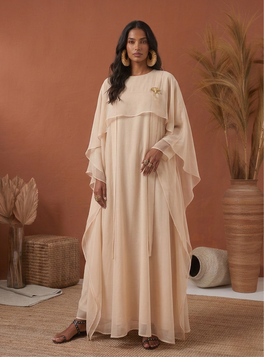 Beige Organza Double Layer Kaftan Dress - Store WF