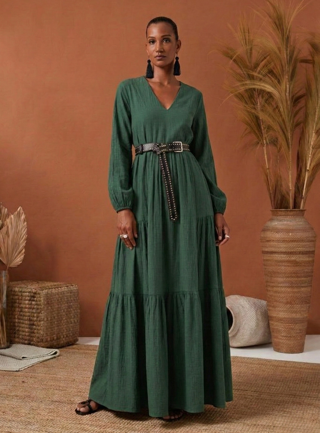 Green Cotton V Neck Maxi Dress – Store WF