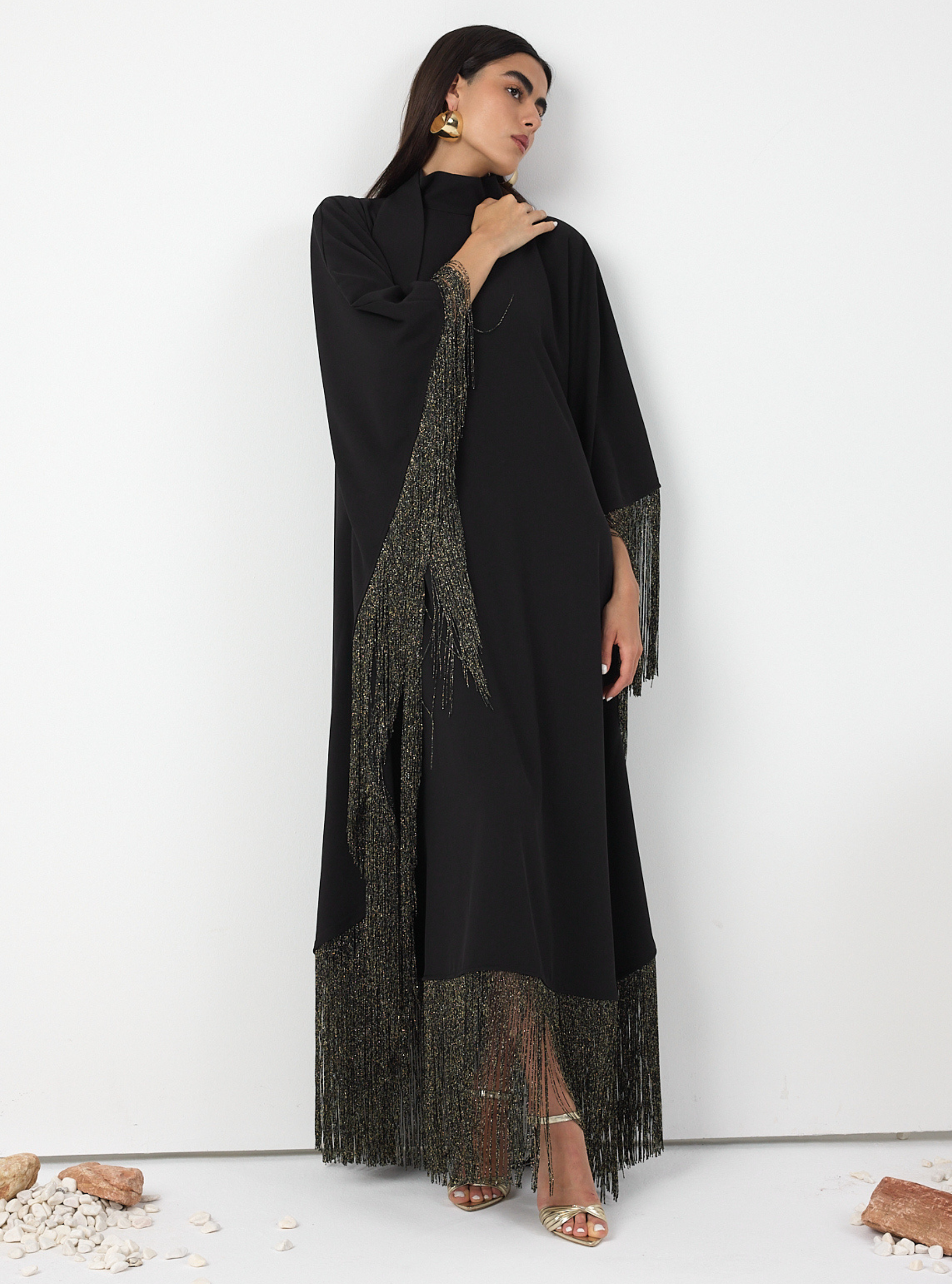Black Gold Fringed Kaftan Dress With Tie Neck Detailed