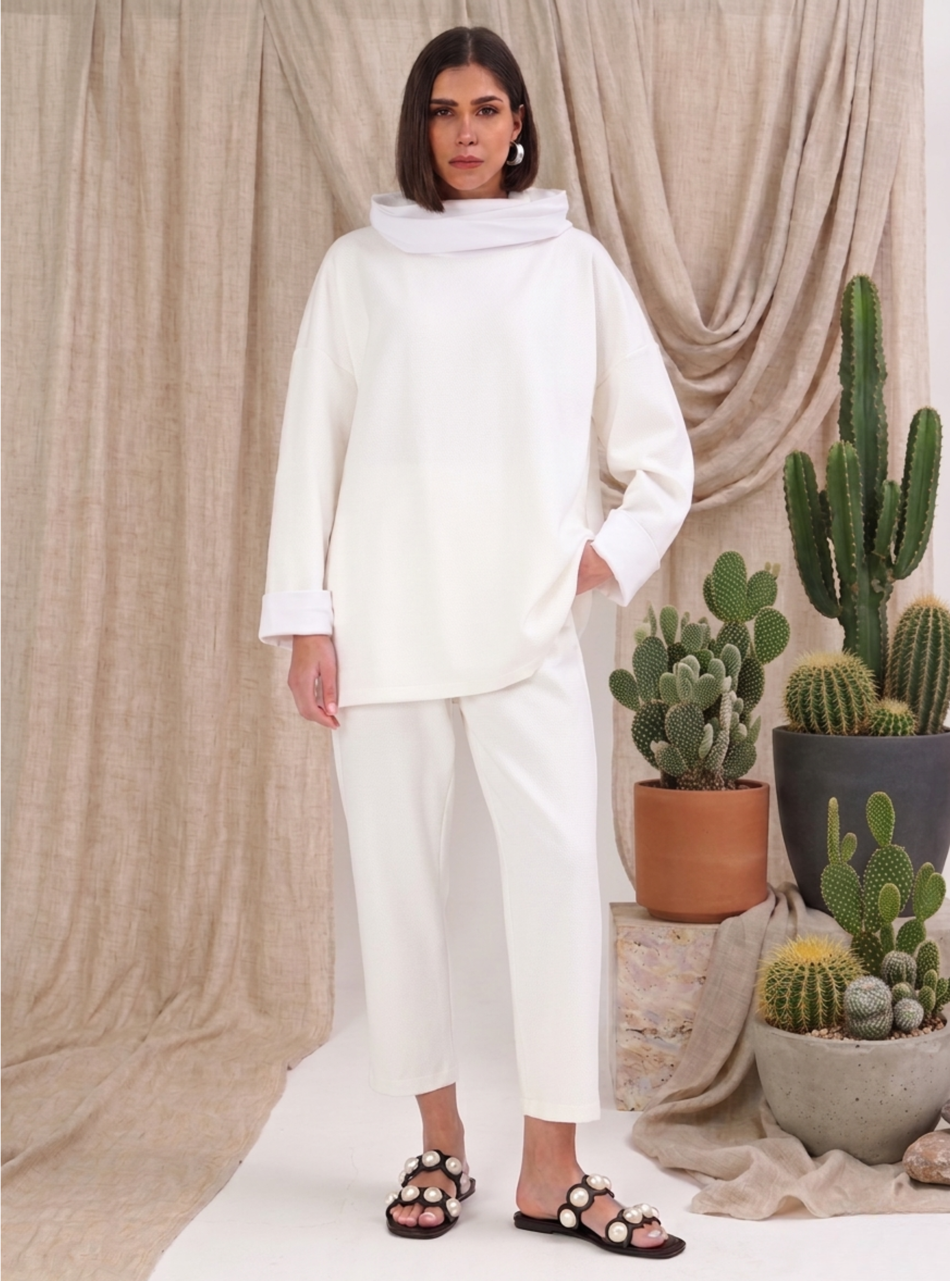 White Ivory Funnel Neck Oversized Set - Store WF