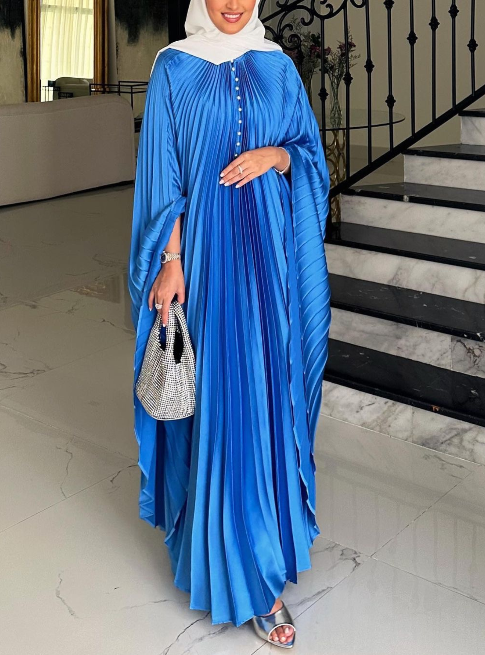 Pearl Button Plisse Satin Kaftan Blue | Luxury Modest Evening Dress Store WF Pearl Button Plisse Satin Kaftan Blue | Luxury Modest Evening Dress Store WF