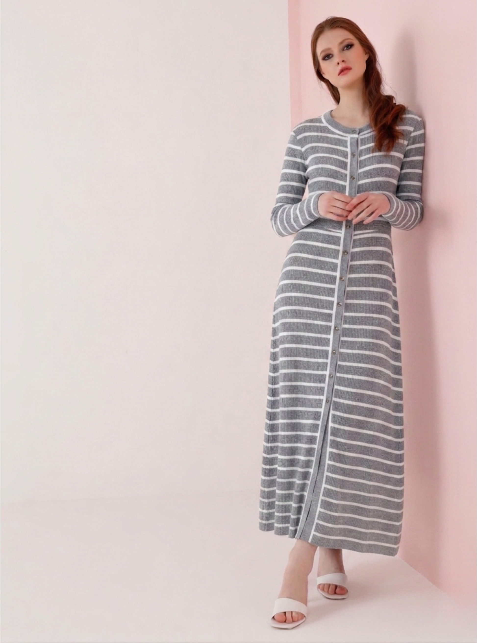 Gray Stripe All-Season Ribbed Knit Dress