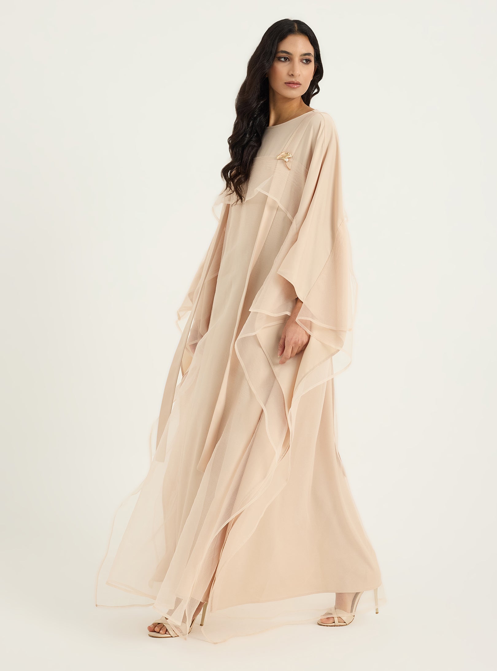 Beige Organza Double Layer Kaftan Dress - Store WF