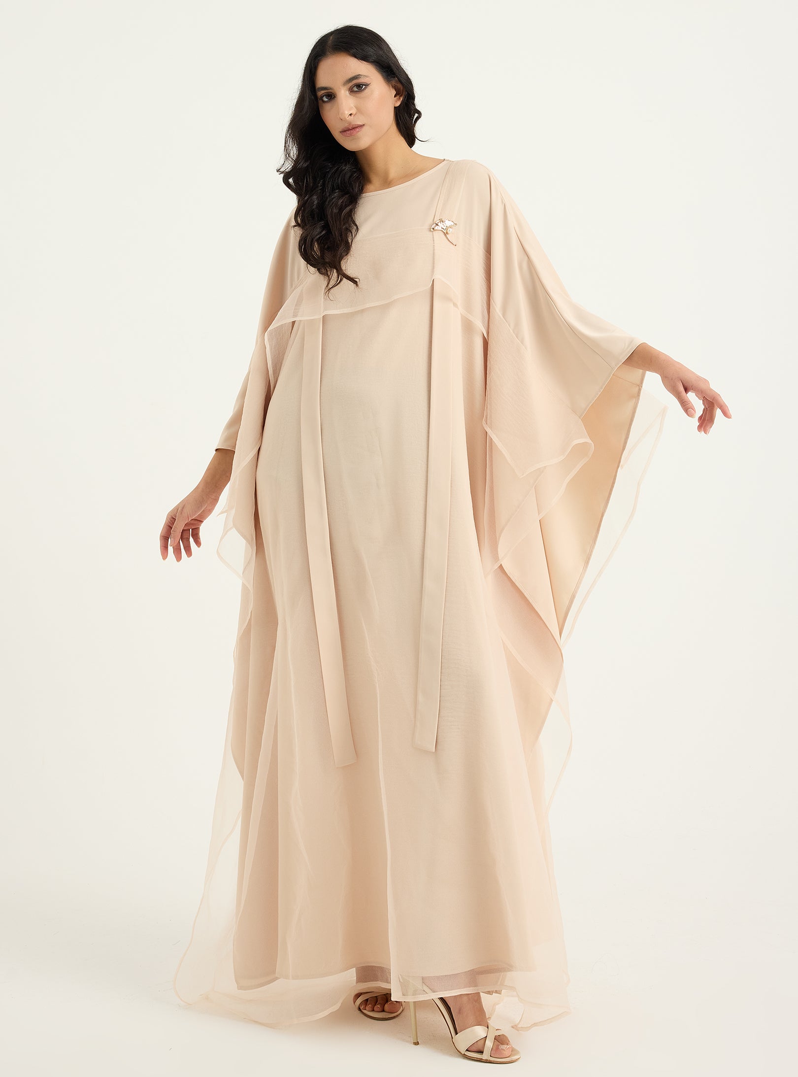 Beige Organza Double Layer Kaftan Dress - Store WF