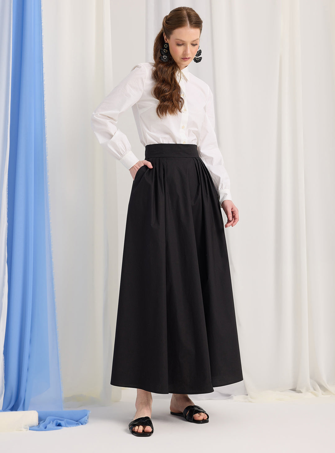 Cotton Poplin Skirt Cotton Skirt Fabric Black Cotton-Poplin Plited