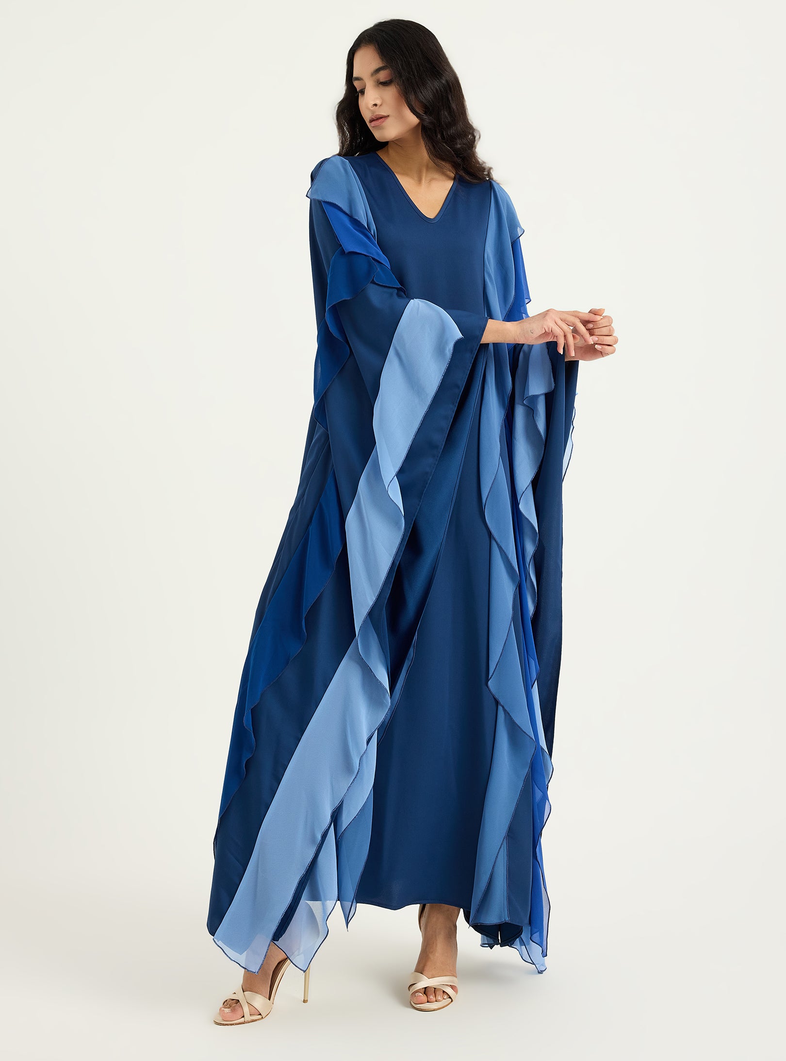Navy Blue Multi Colour Ruffled V Neck Kaftan Dress - Store WF