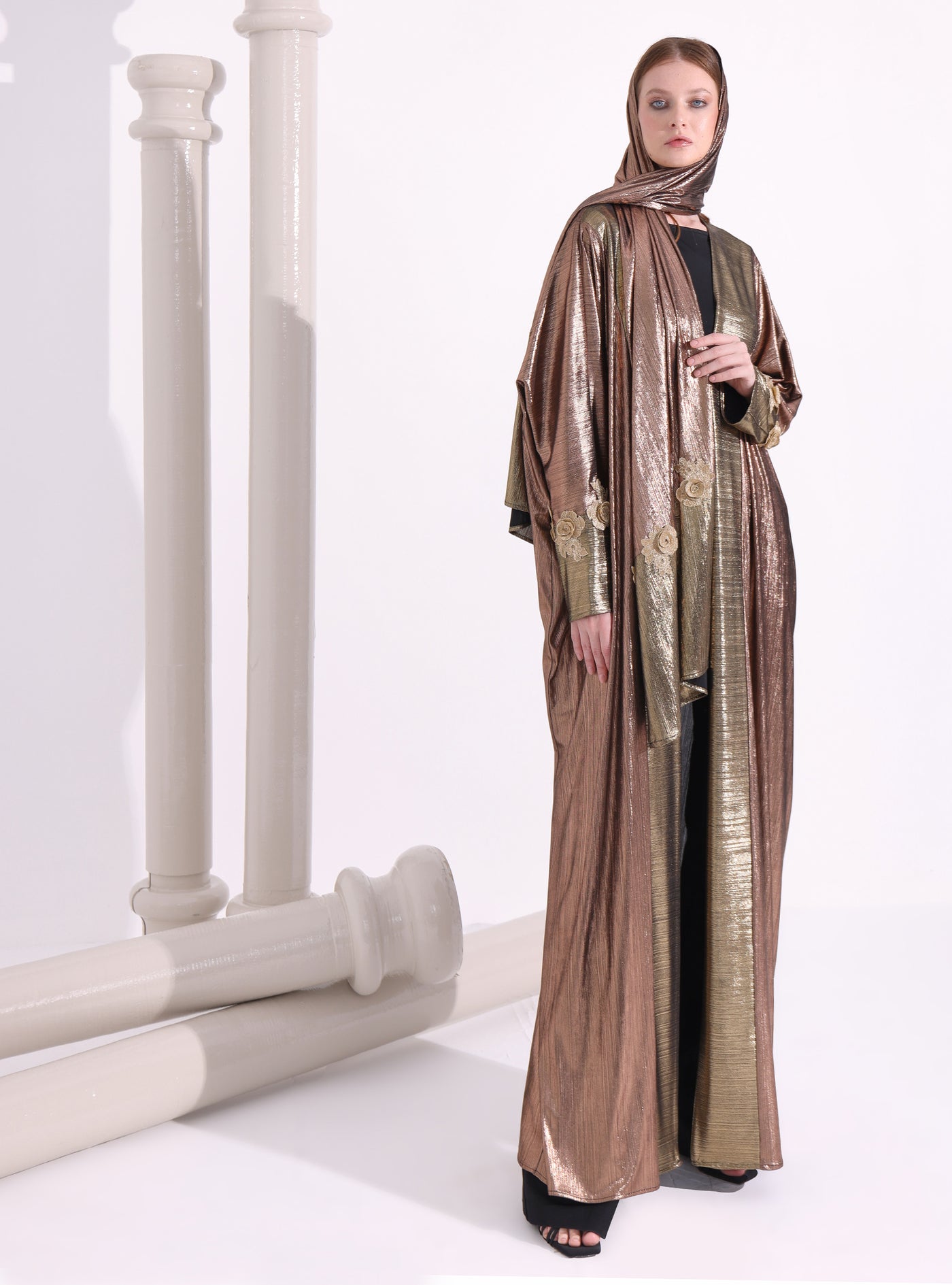 Bronze Gold Abaya Kaftan With Scarf Set