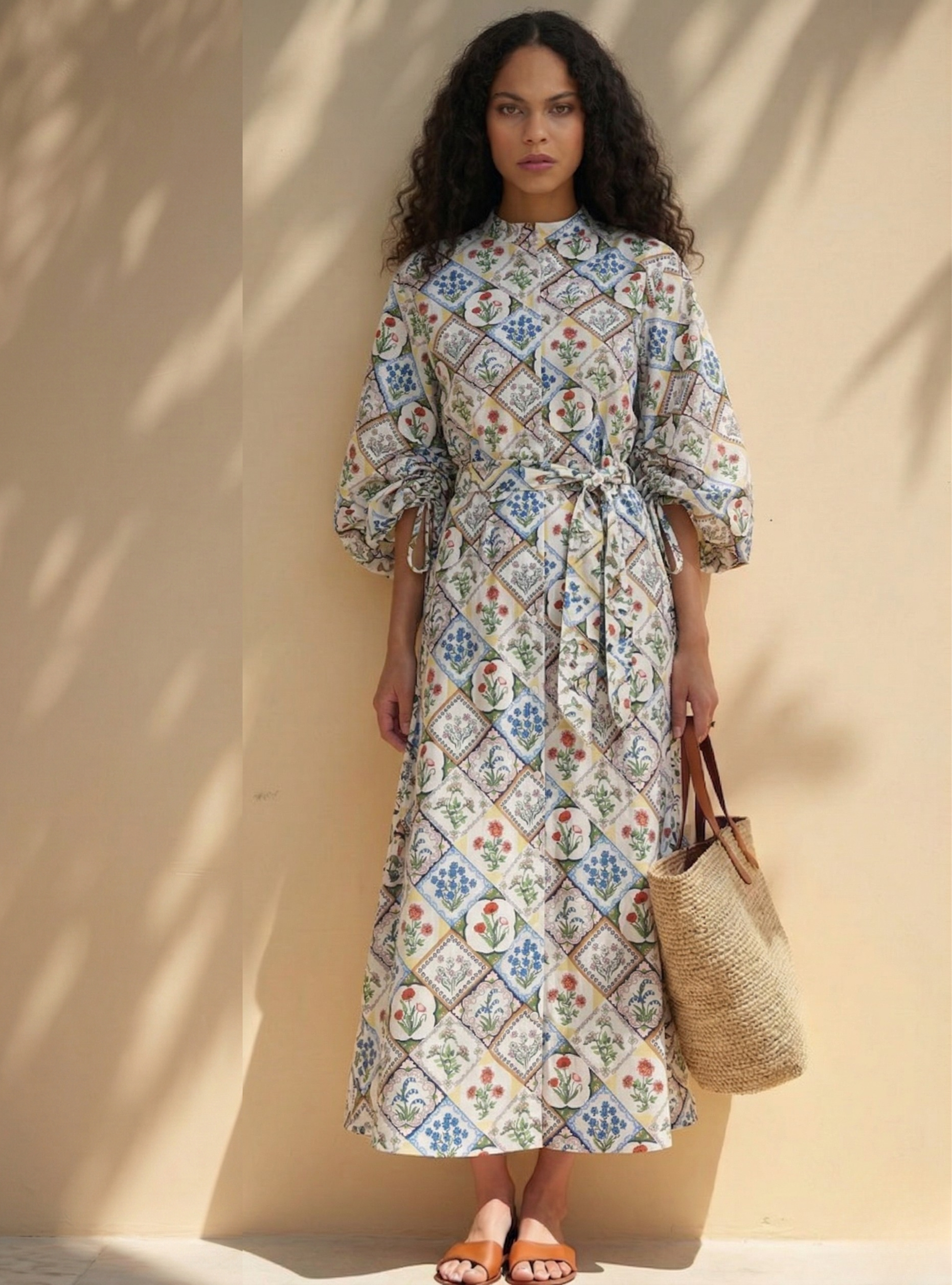 Cotton Balloon Sleeve Printed Dress - Store WF