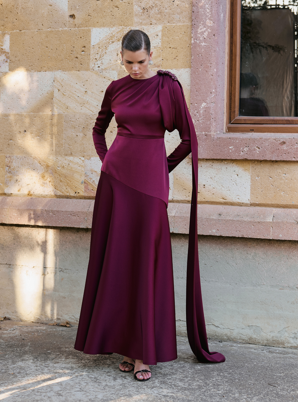 Draped Shoulder Maxi Gown – Burgundy