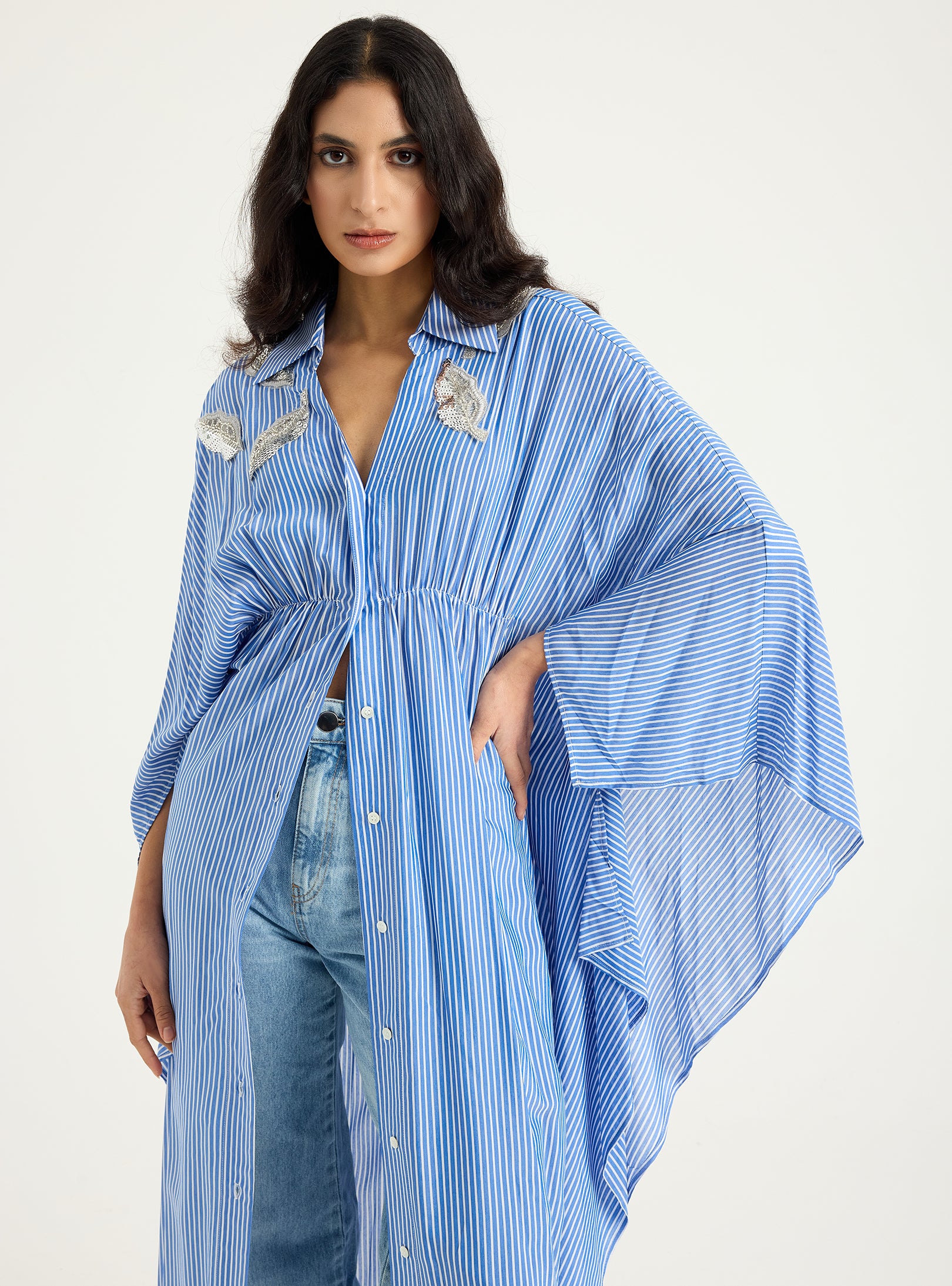 Striped Silver Embellishment Kaftan Dress - Store WF