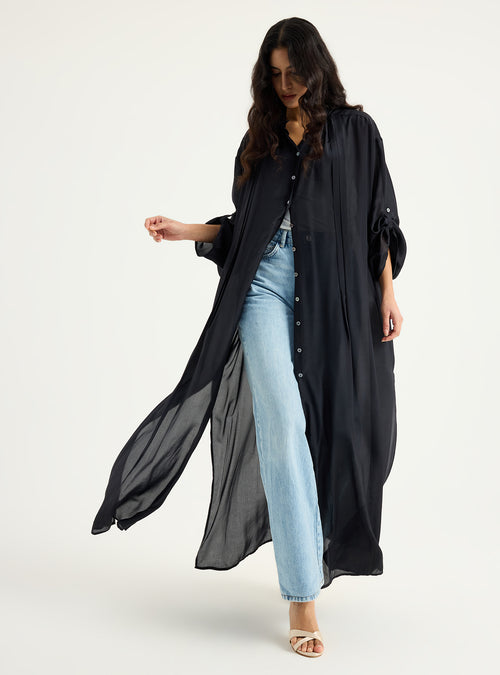 100% Silk Black Longline Shirt Tunic - Store WF
