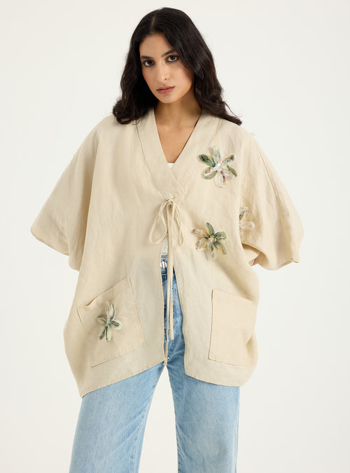 100% Washed Linen Beige Kimono - Store WF