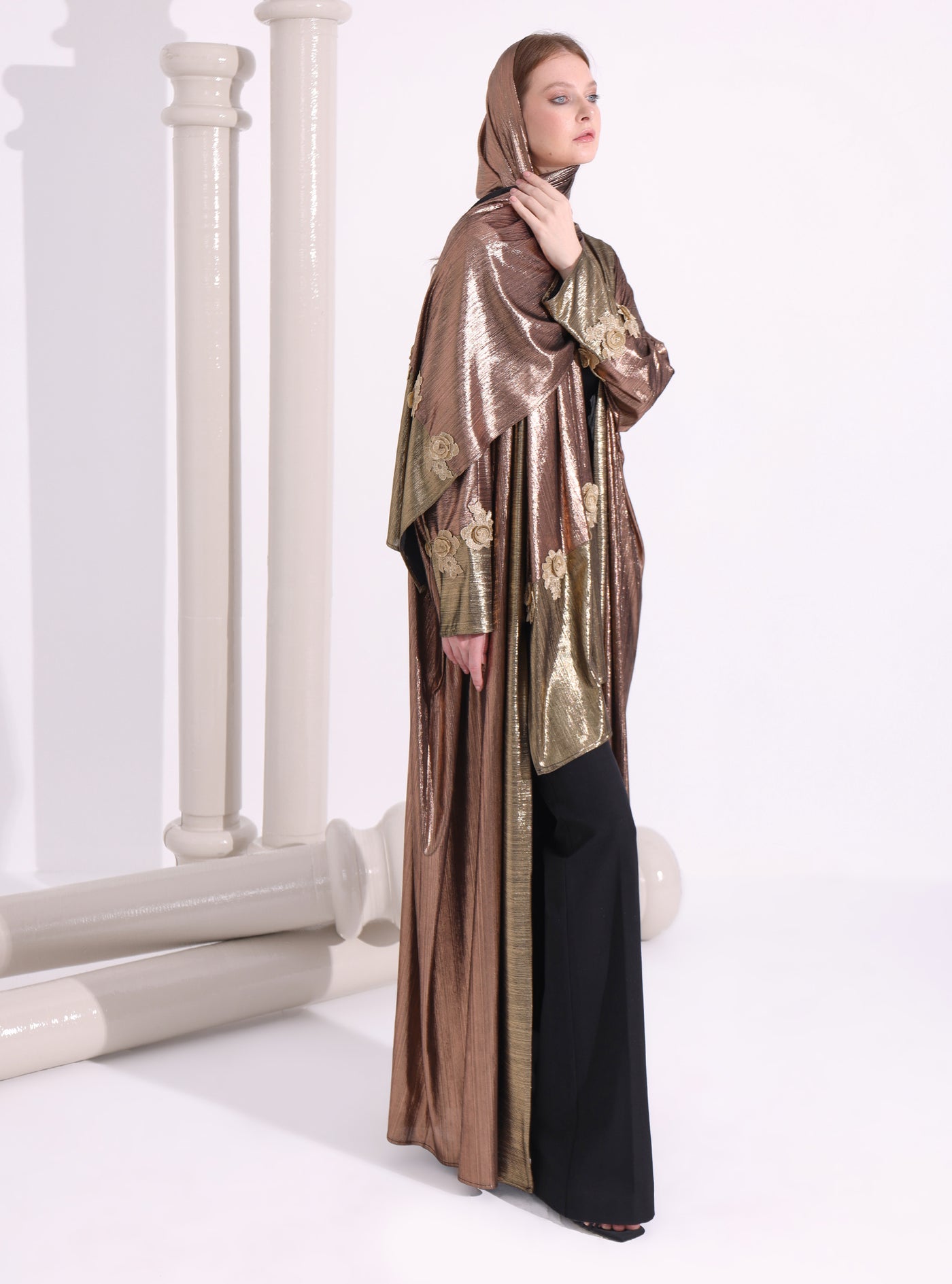 Bronze Gold Abaya Kaftan With Scarf Set