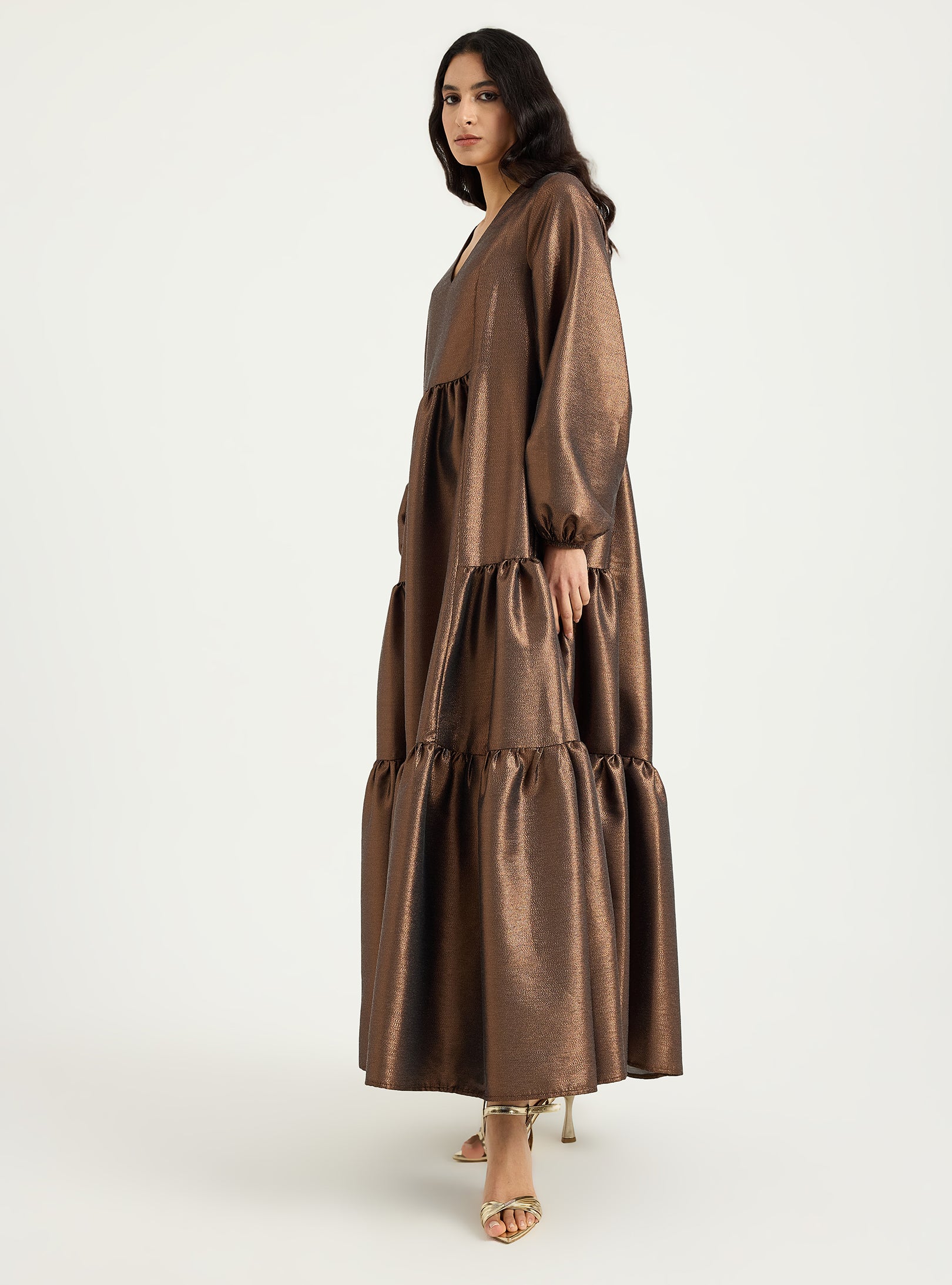 Bronze Shimmering V Neck Maxi Dress - Store WF