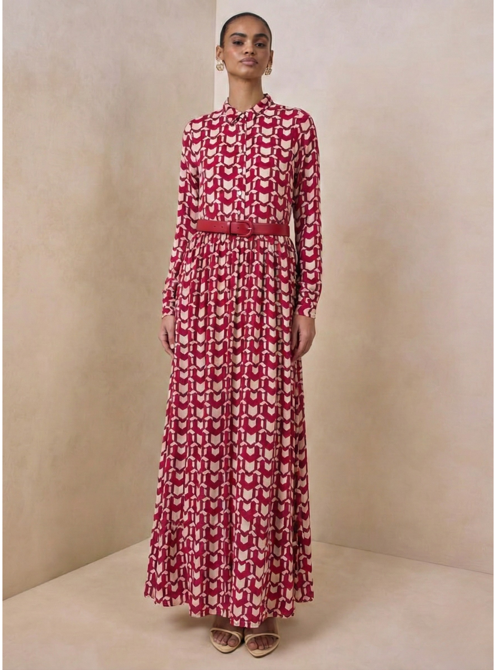 Red Printed Maxi Shirt Dress - Store WF