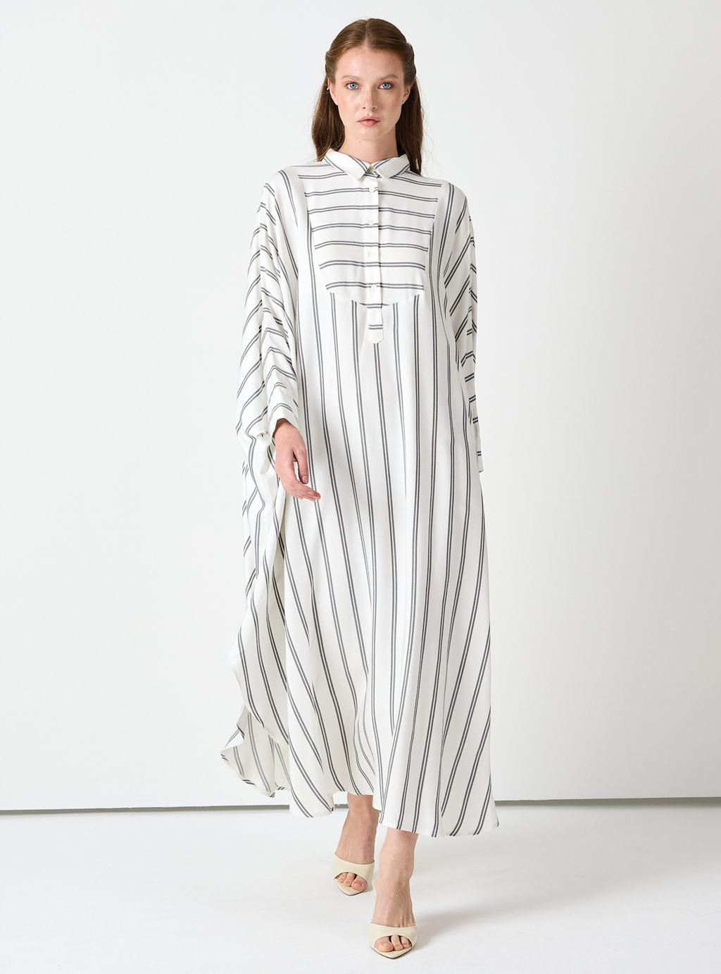 White Striped Maxi Dress with Collar