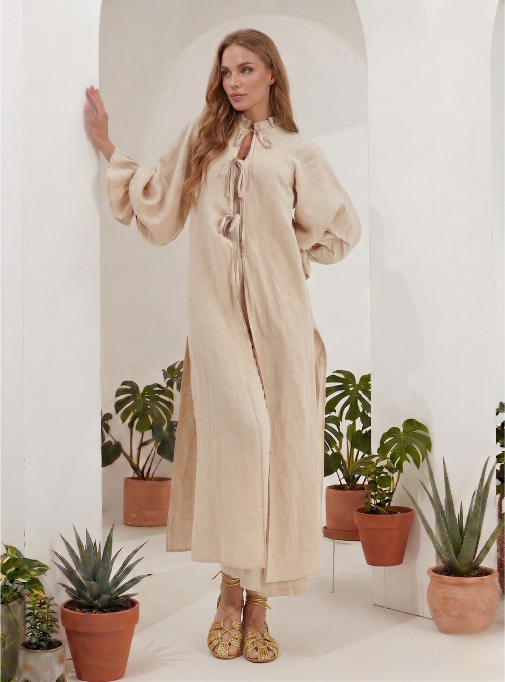 100% Washed Linen Beige Balloon Sleeve Kimono Trousers Set - Store WF
