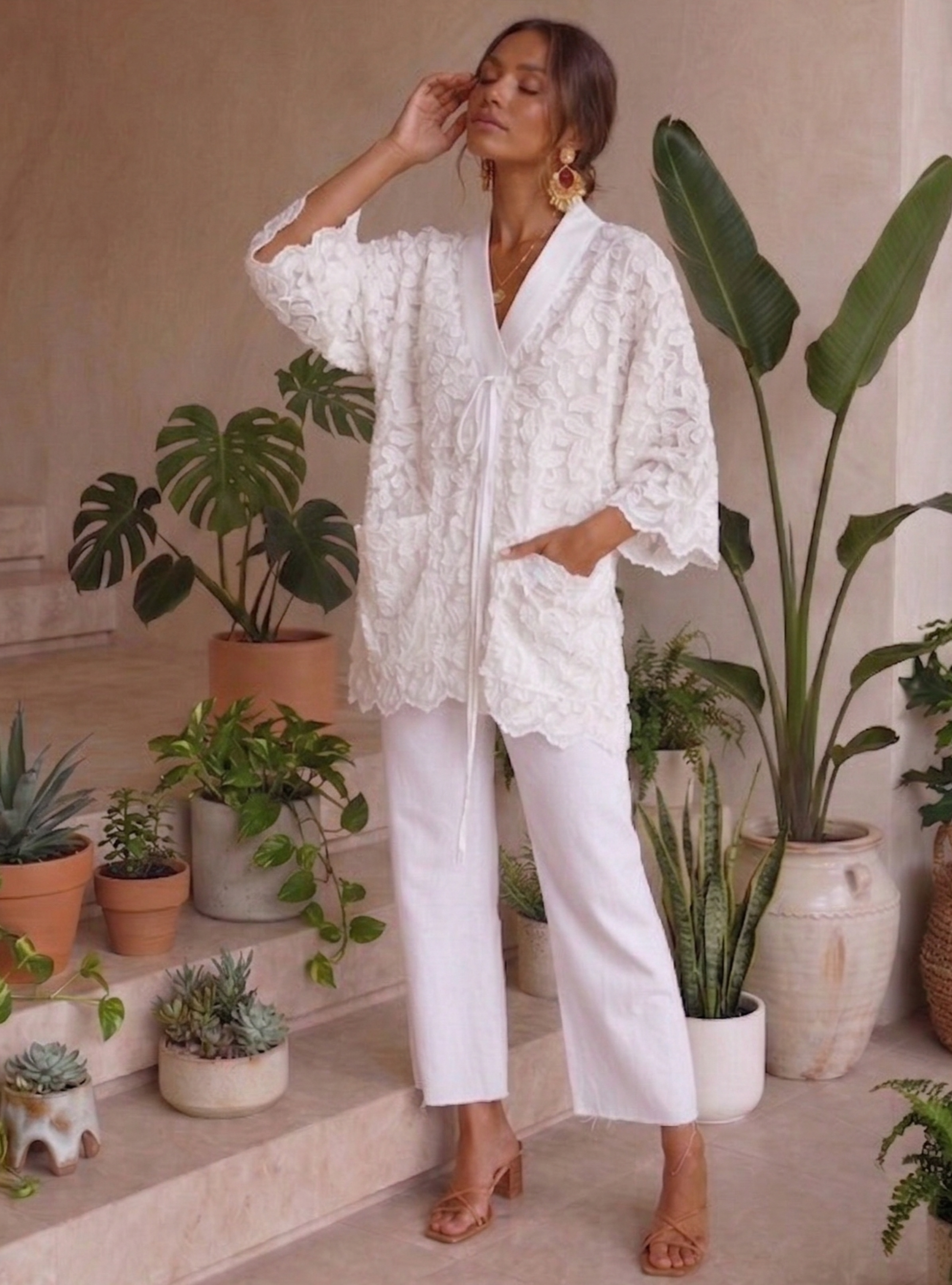 Embroidery White Kimono