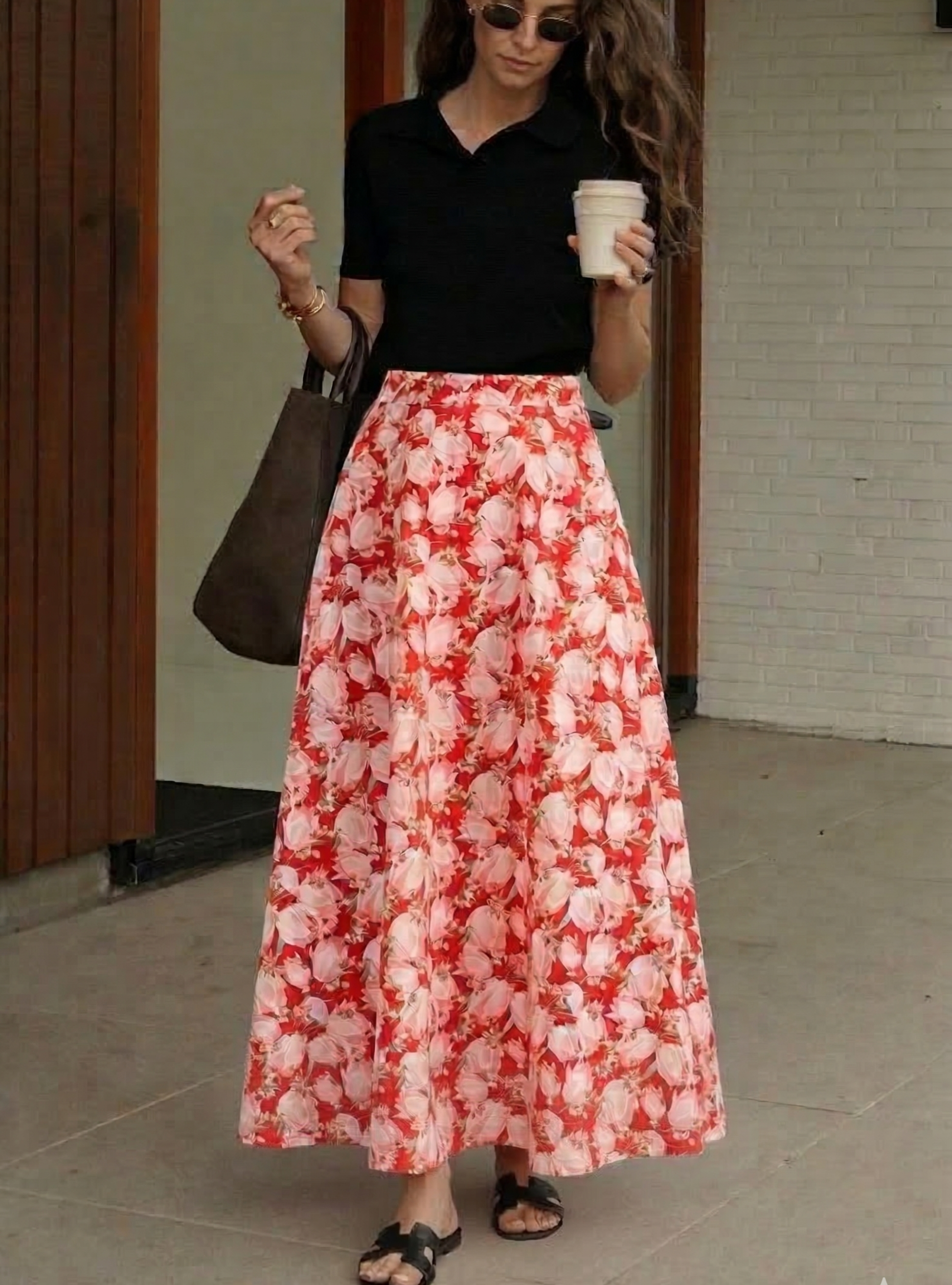 Red Printed Maxi Skirt with Pockets - WF Atelier