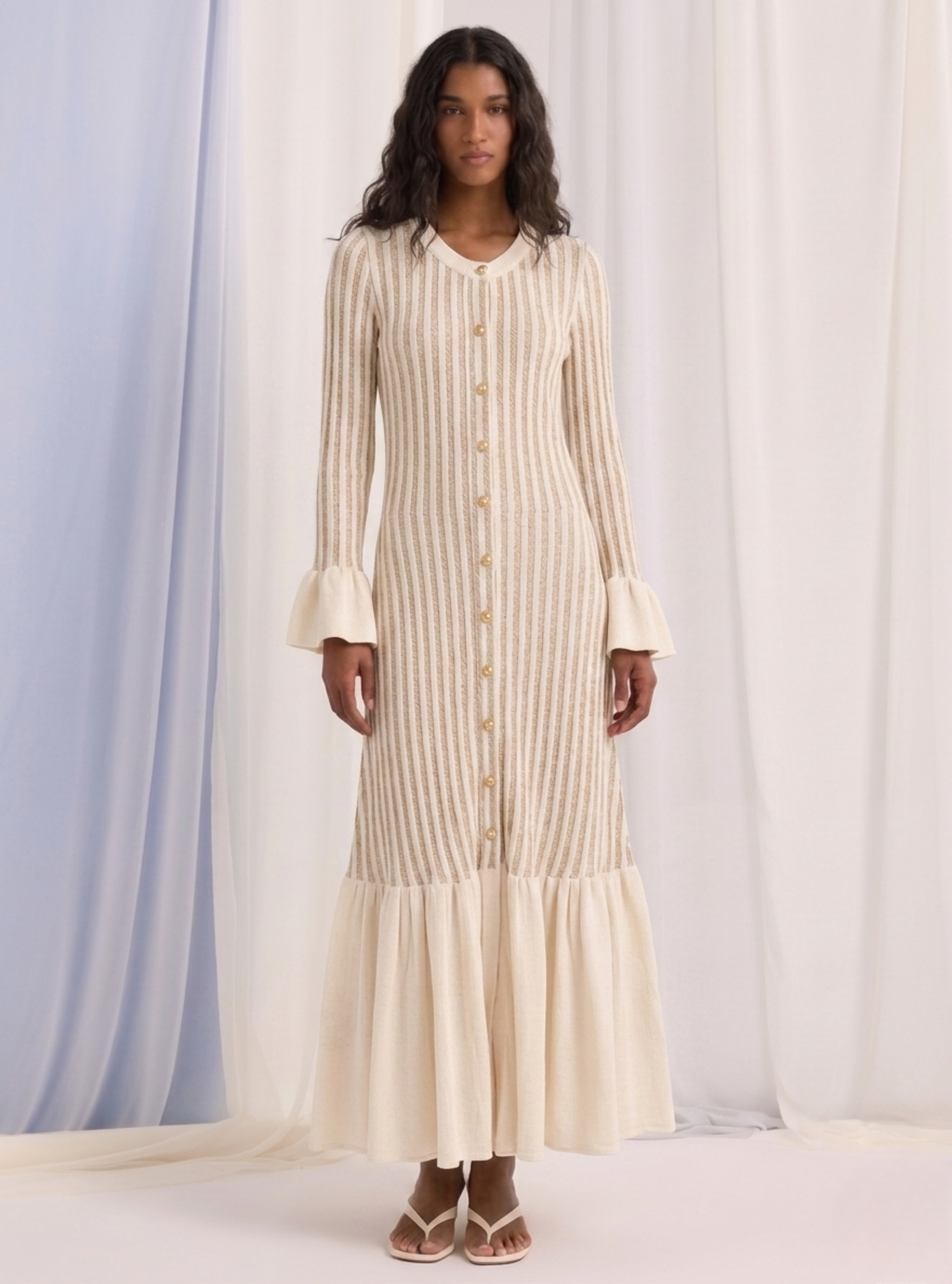 Gold Button Knit Dress with Cotton Ruffle Hem