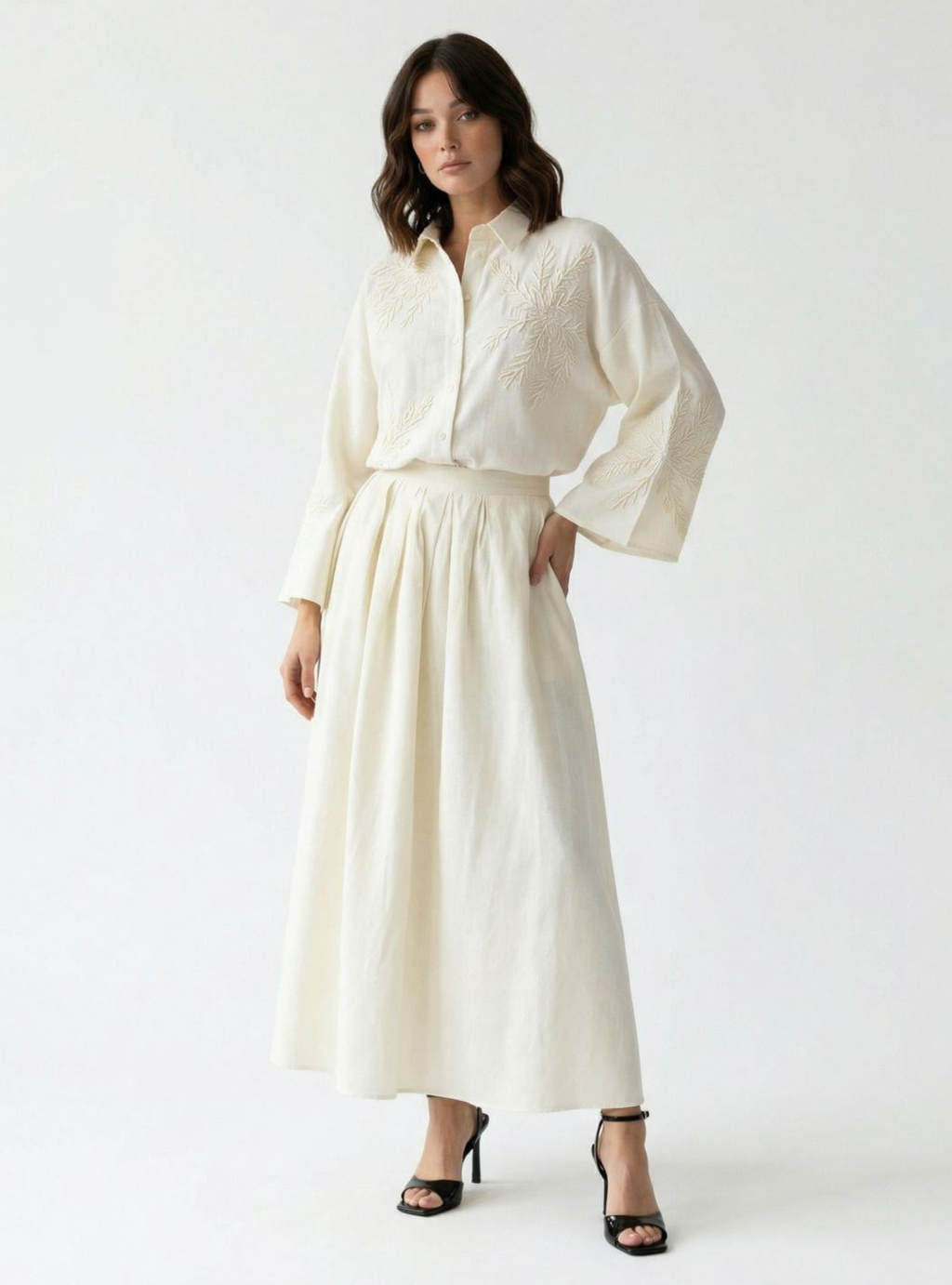 Ivory Embroidered Cotton Shirt & Skirt Set