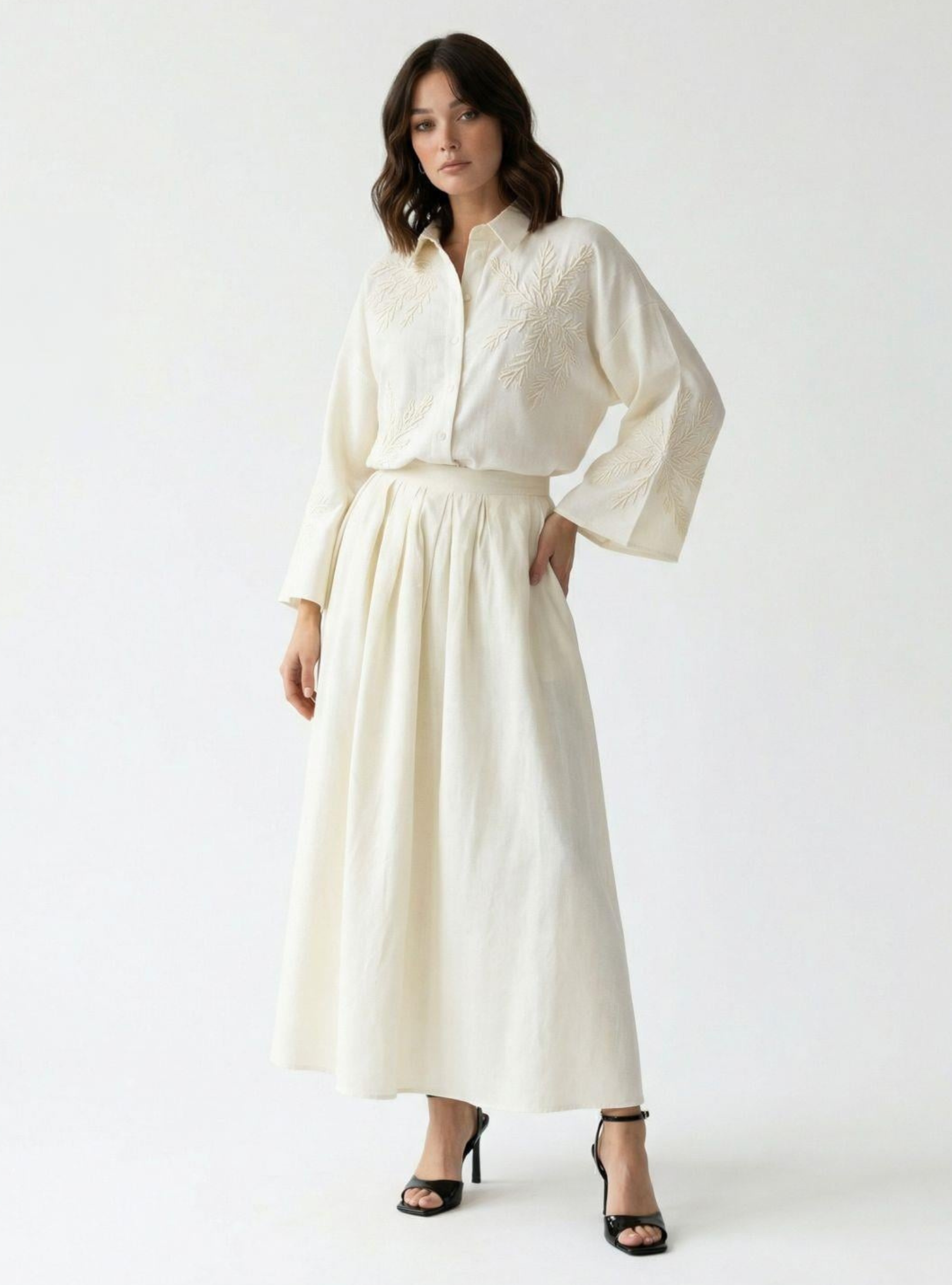 Ivory Embroidered Cotton Shirt & Skirt Set