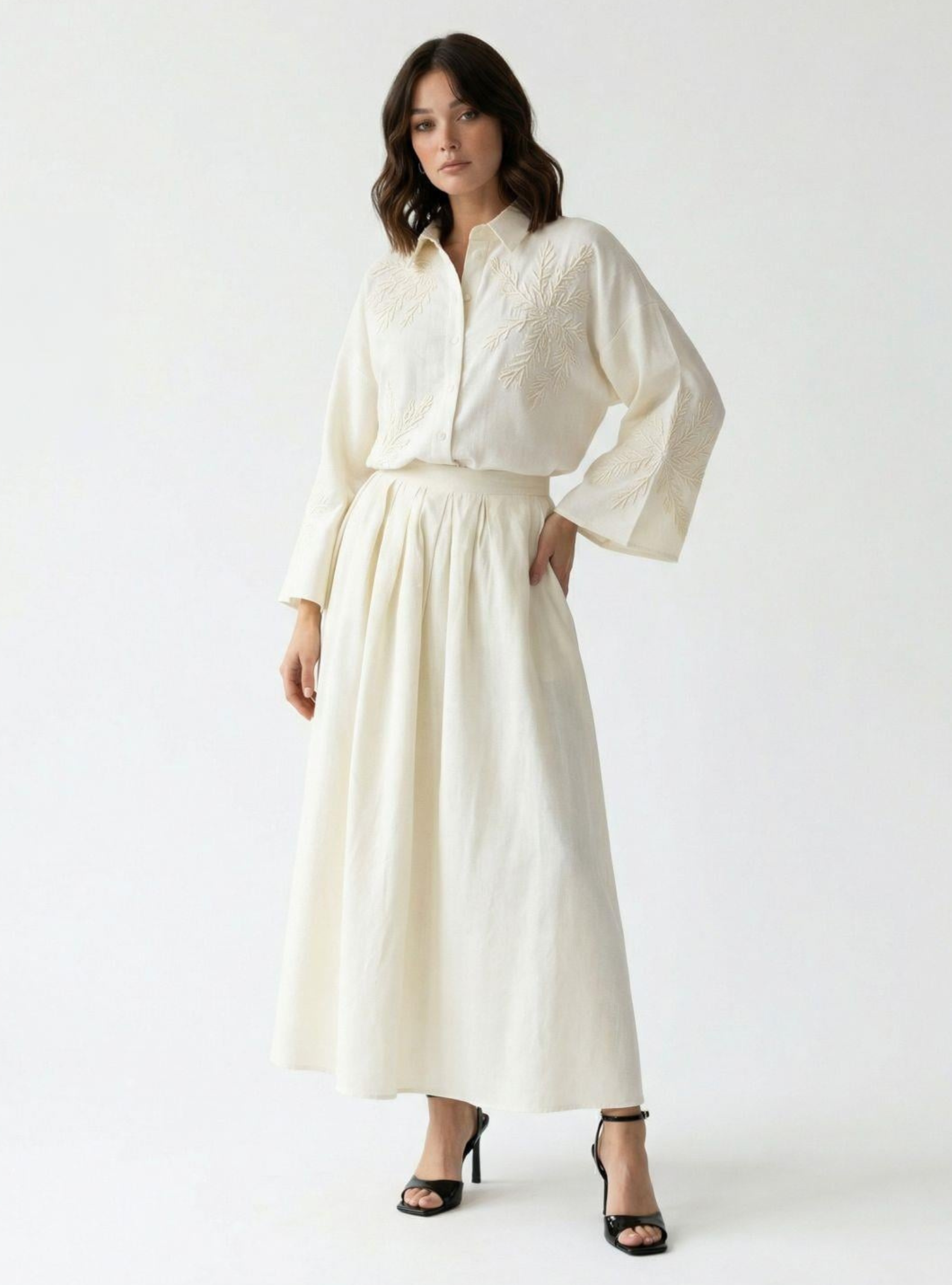Ivory Embroidered Cotton Shirt & Skirt Set - Store WF